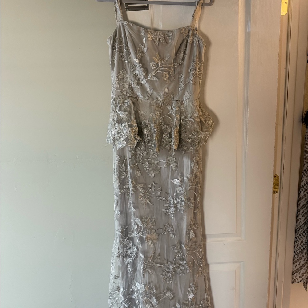 Embroidered Lace Peplum Gown in Soft Gray